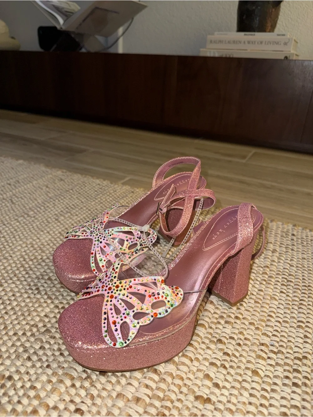 Copper Key Pink Glitter Rhinestone Butterfly Platform Heels (Size 6M)